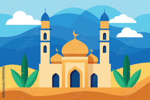 Mosque building in desert landscape with clouds and plants a day scene