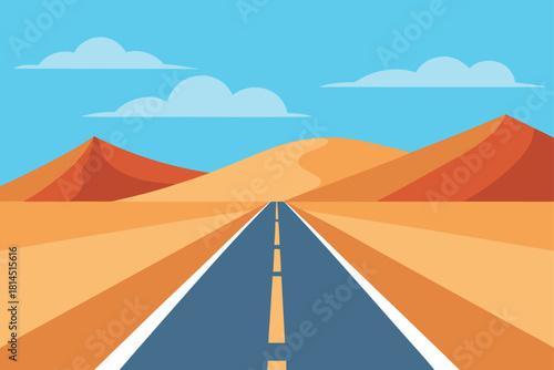 Straight desert highway extending into distance with mountains and clouds