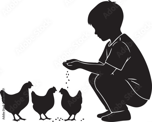 Boy Feeding Chickens Silhouette Vector