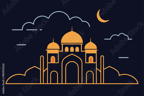 Ornate mosque with domes and minarets under moonlit night sky outline art