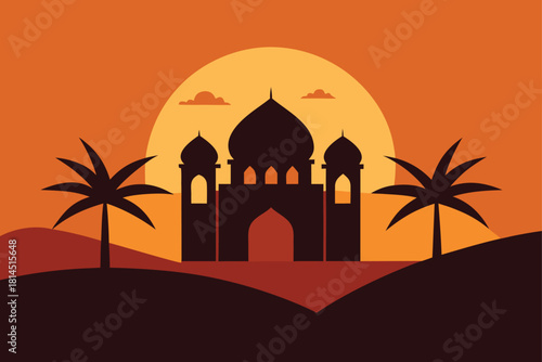 Desert landscape with mosque and palm trees silhouetted against a sunset flat vector
