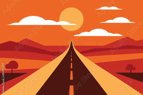 Desert highway with mountains and trees under an orange sunset flat vector illustration