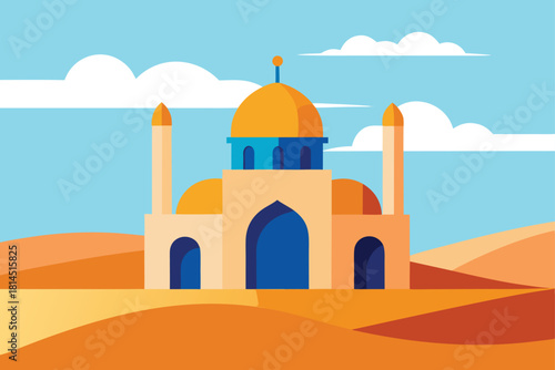 Minimalist mosque in orange desert with clouds and blue sky