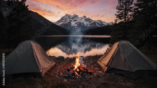 Two tents flank a campfire beside a calm lake reflecting snow-capped mountains at dusk