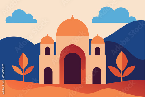 Abstract mosque in desert with mountains, clouds, and autumn leaves