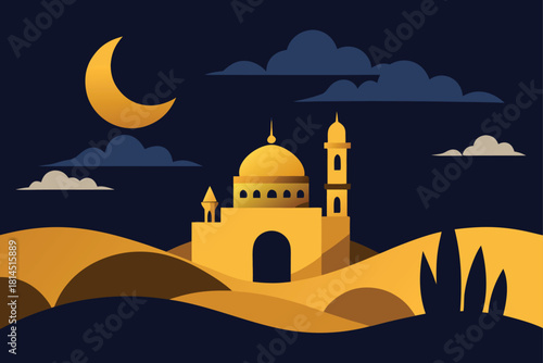 Mosque building in desert landscape at night with crescent moon and sand dunes