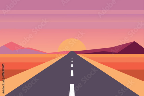 Long desert road at dawn or dusk with sun setting over the horizon