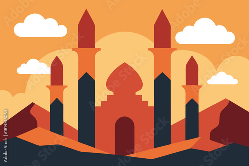 Mosque or temple building in desert landscape with clouds and mountains