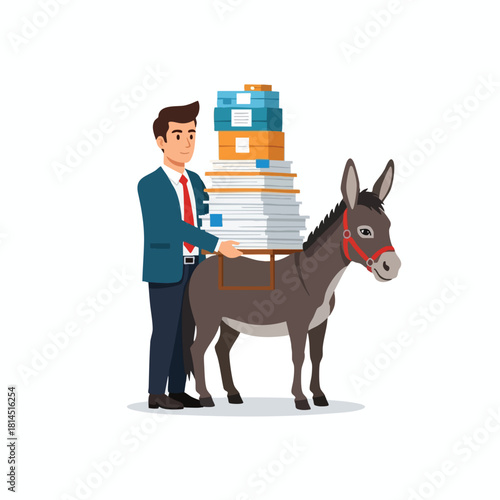 Businessman Overloaded with Work on a Donkey