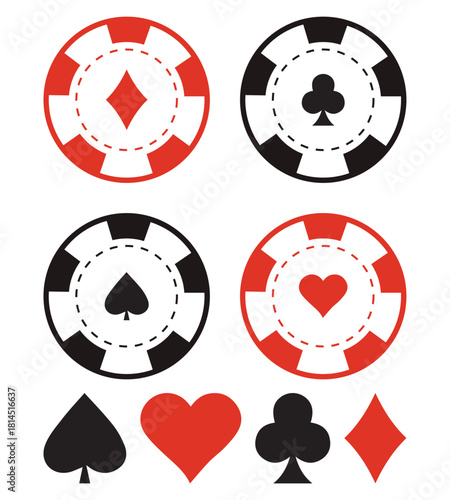 Gambling chip for betting in casino playing poker. Poker chips black and red icons vector set. Poker symbols with spades, hearts, diamonds, clubs. Poker symbols Vector illustration.