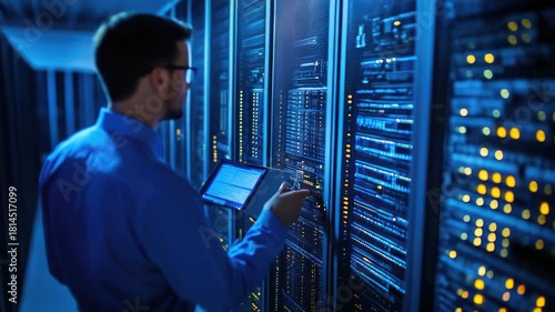 Wallpaper Mural Video A person working on a computer in a data center or server room, with equipment and machinery in the background Torontodigital.ca