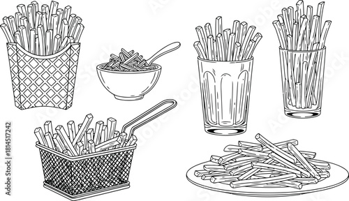 Outline drawing of various french fries servings and a dipping sauce bowl for fast food concepts