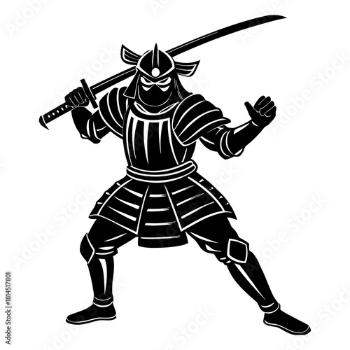 Silhouette vector art illustration of a samurai warrior in a dynamic fighting stance