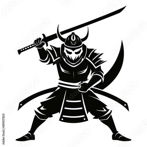 Silhouette vector art illustration of a samurai warrior in a dynamic fighting stance
