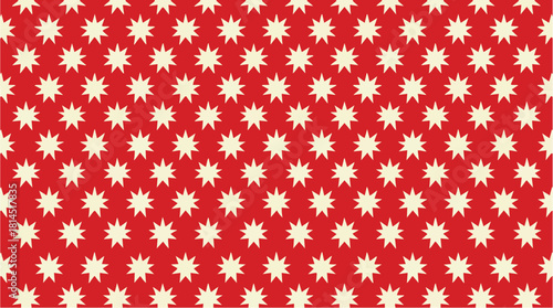 Repeating white starburst pattern on a red background.