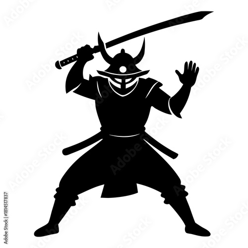 Silhouette vector art illustration of a samurai warrior in a dynamic fighting stance