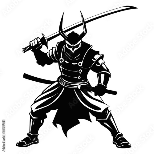 Silhouette vector art illustration of a samurai warrior in a dynamic fighting stance