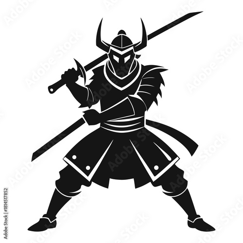 Silhouette vector art illustration of a samurai warrior in a dynamic fighting stance