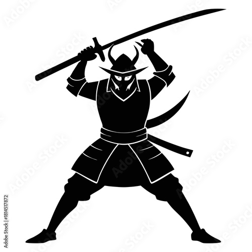 Silhouette vector art illustration of a samurai warrior in a dynamic fighting stance