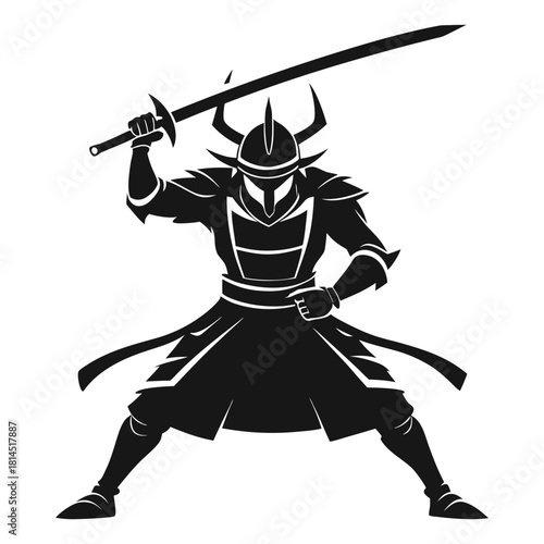 Silhouette vector art illustration of a samurai warrior in a dynamic fighting stance