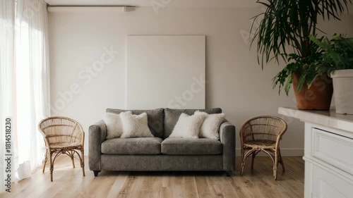 A minimalist living space with a charcoal sofa, plush white pillows, and rattan chairs