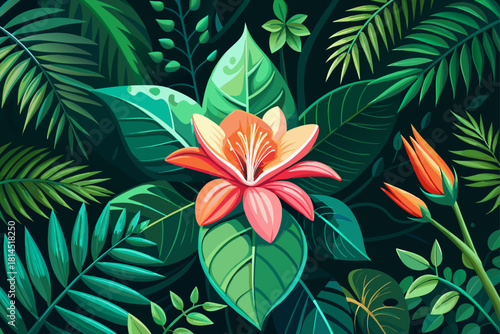 Exotic tropical flower surrounded by lush green foliage, vibrant botanical nature scenes, forest plant close-up, and dark green natural background for decorative design.