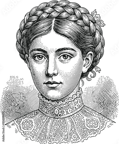 Portrait illustration of a historical woman with a ruff collar on a dark background