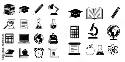 Education and Learning Icon Set Books, Graduation Caps, Scientific Tools, and More for Academic Concepts