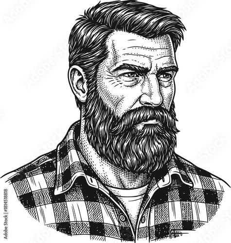 Portrait of a bearded man in a plaid shirt with a rugged appearance and halftone shading