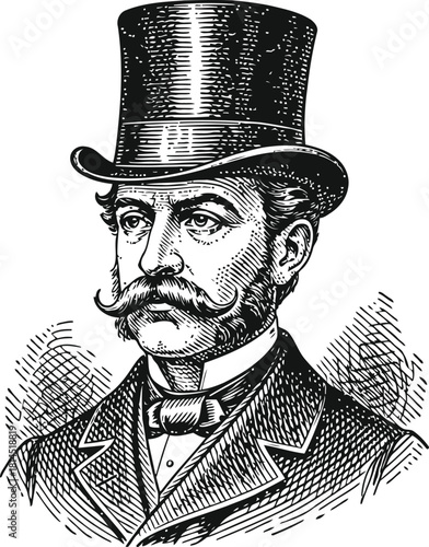 Portrait of a distinguished gentleman wearing a top hat and a prominent mustache