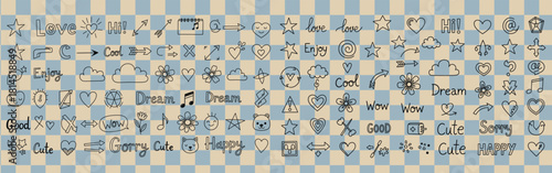 Seamless pattern of hand drawn doodles with hearts stars clouds and cute words on a checkered background
