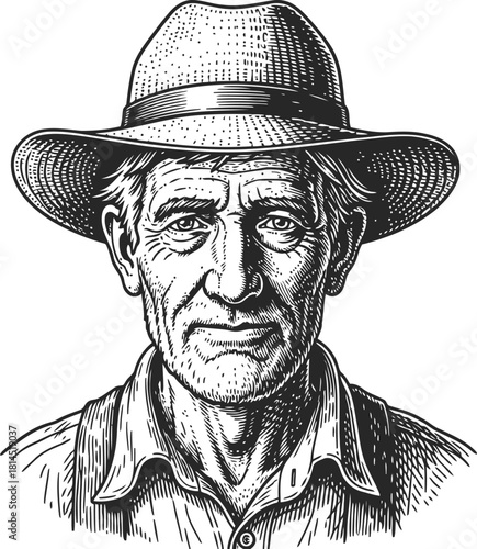 Portrait of an old man in a wide-brimmed hat with a serious expression and weathered face
