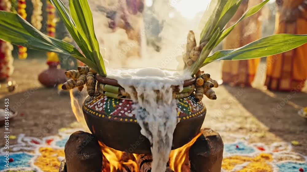 Pongal Celebration Rice Boiling Ritual Overflowing Clay Pot Stock Video ...
