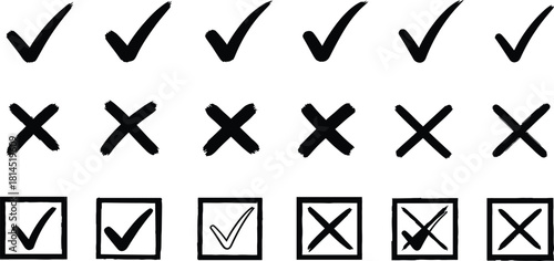 Hand drawn check marks and crosses in rows with boxes below 