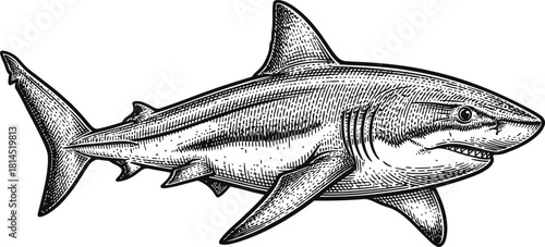 Powerful shark swimming underwater in dark ocean environment with menacing presence