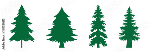 Black Christmas tree silhouette vector set with star toppers, simple pine shapes and minimal holiday icons for winter festive designs