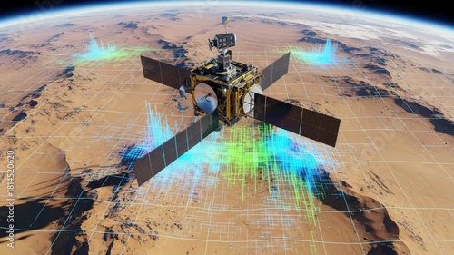 Satellite orbiting over a desert landscape with digital grid and data visualization