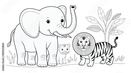 Cartoon jungle animals elephant lion and tiger in black and white