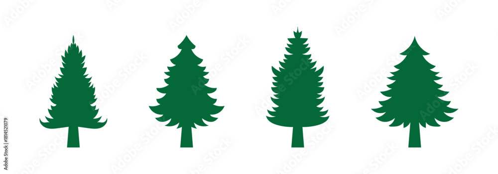 Obraz premium Pine tree silhouette vector set, fir tree icons, evergreen forest symbols, Christmas tree shapes, nature illustration, winter clipart.