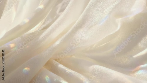 Delicate ivory fabric drapes with subtle shimmer, catching prismatic light