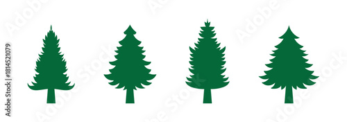 Pine tree silhouette vector set, fir tree icons, evergreen forest symbols, Christmas tree shapes, nature illustration, winter clipart.
