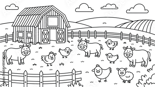 Farm Animal Illustration with Barn and Rolling Hills Coloring Page Style