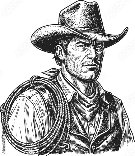 Rugged cowboy wearing a classic western hat and a lasso in monochromatic style