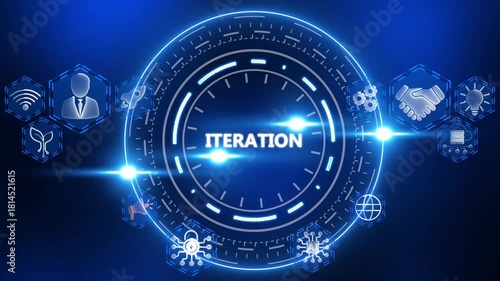 Digital iteration concept with glowing icons and central text on dark blue background technology innovation