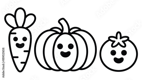 Smiling cartoon vegetables including a carrot pumpkin and tomato illustration