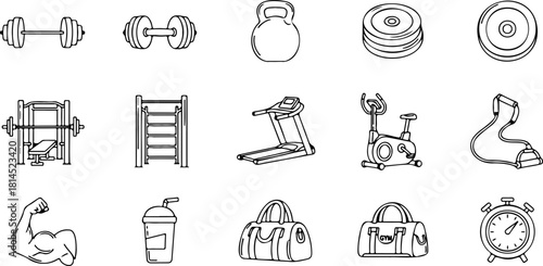 Fitness and exercise icons for your project, representing gym equipment, weights, and healthy lifestyle choices in a modern, scalable design