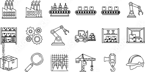 Streamlined manufacturing icons showcase industrial automation, production processes, and supply chain management for a modern, efficient factory floor