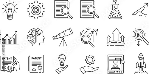 Innovate and grow your business with these conceptual icons showing research, patent, and artificial intelligence for future success, originally a vector graphic