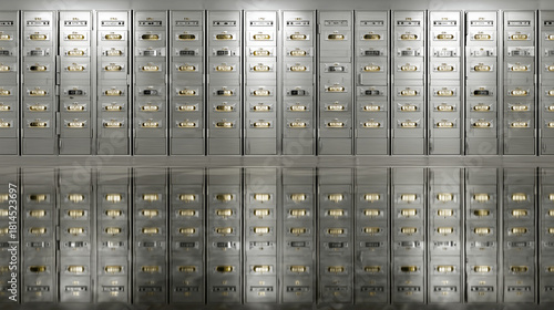 Secure Storage Solutions: Symmetrical Safe Deposit Box Vault Interior with Metallic Rows