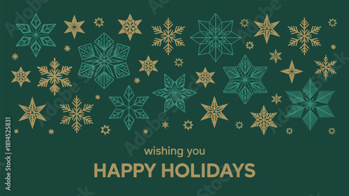 “Wishing You Happy Holidays” festive greeting card with gold snowflakes and stars on dark green background, seasonal illustration